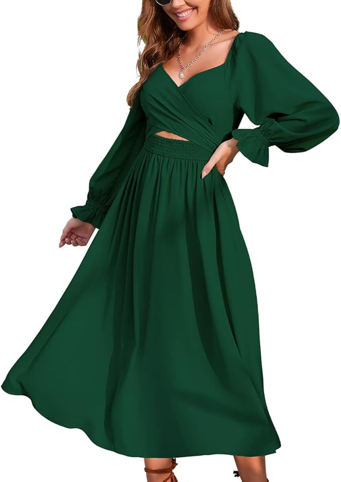 Women Tie Back Long Puff Sleeve Dress Sage Ruffle Wrap Reversible Flowy Casual Midi Dress with Po... | Amazon (US)