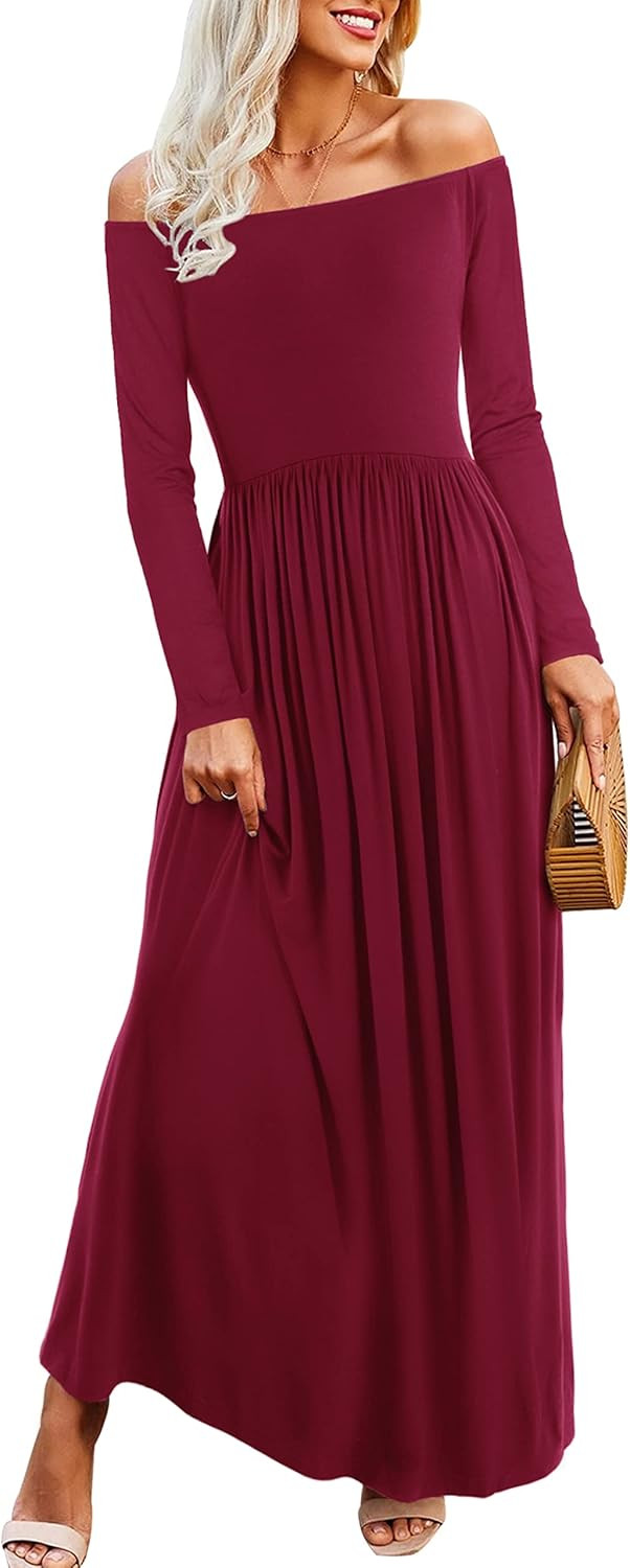 Amoretu Womens Casual Short/Long Sleeve Off Shoulder Beach Long Maxi Dress with Pocket | Amazon (US)
