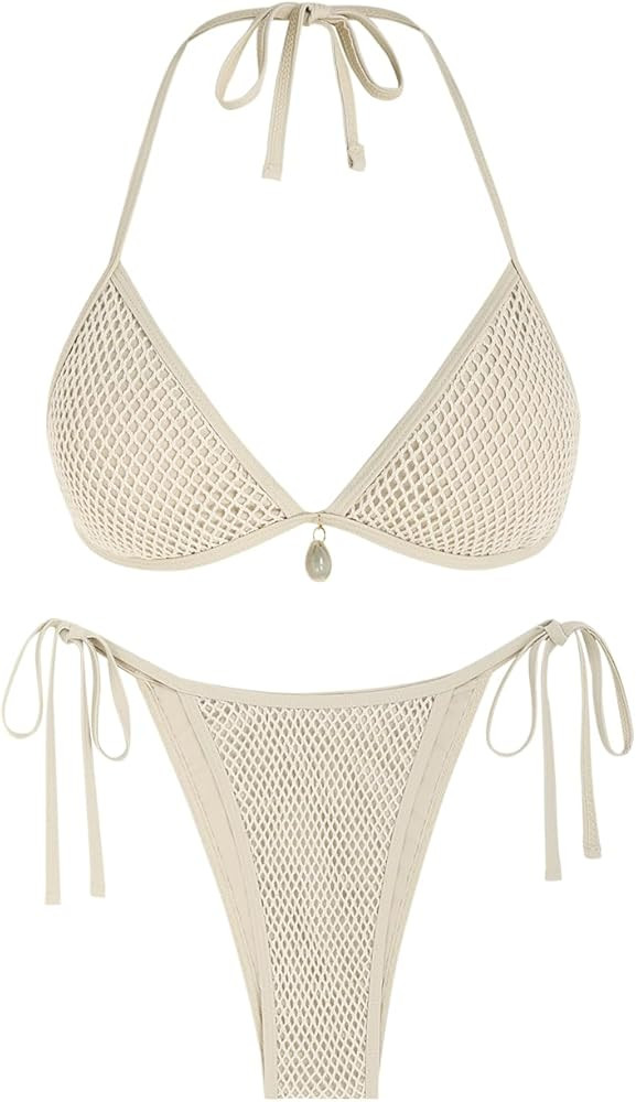 ZAFUL Womens Trendy Halter Bikini Sexy Triangle Bikini Sets Fishnet String Bathing Suits 2 Piece ... | Amazon (US)