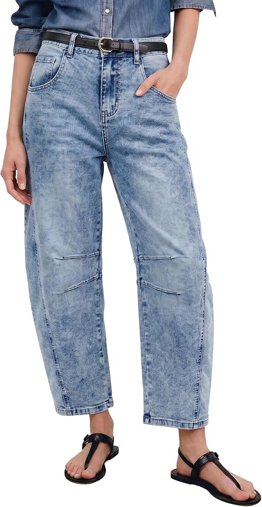 GRAPENT Barrel Jeans for Women Trendy High Waisted Wide Leg Baggy Cropped Relax Fit Stretch Denim... | Amazon (US)