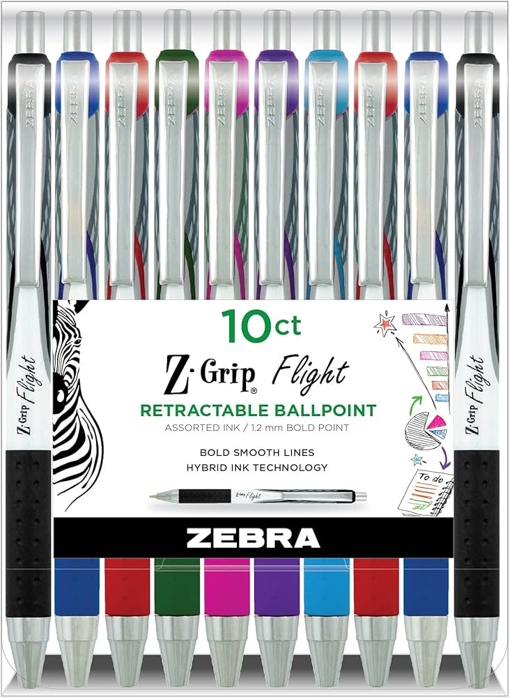Zebra Pen Z-Grip Flight Retractable Ballpoint Pen, Bold Point, 1.2mm, Assorted Color Ink, 10-Pack... | Amazon (US)