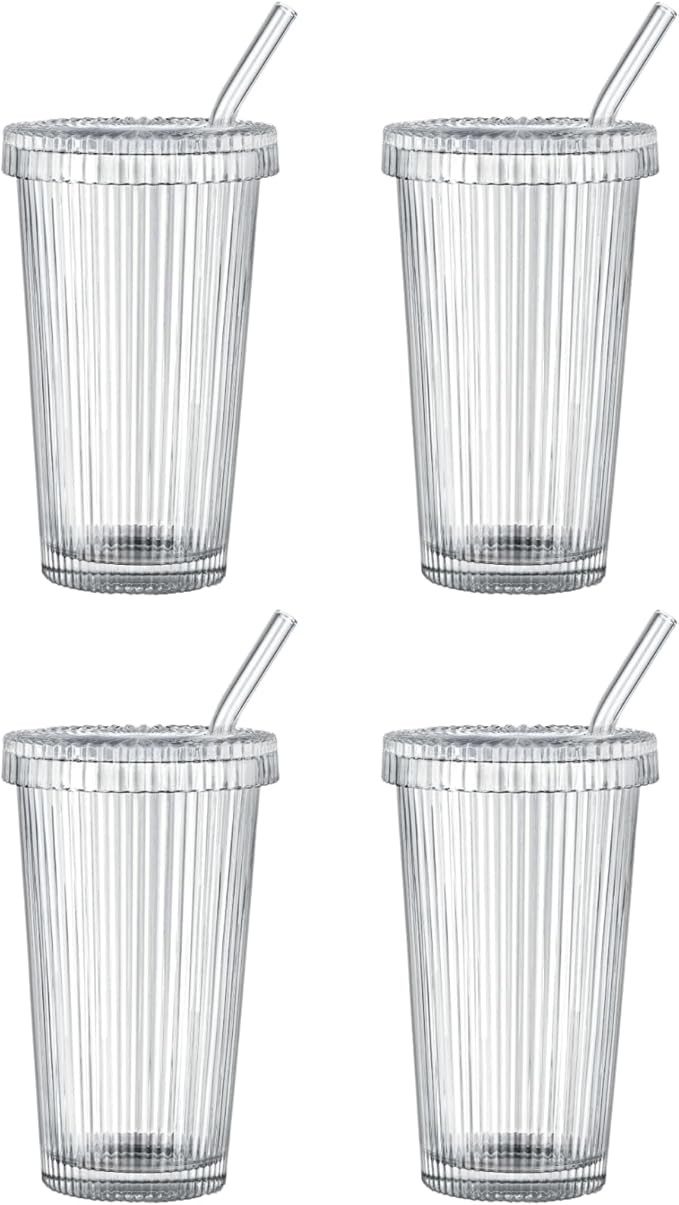 Ribbed Glass Cups with Lids and Straws, 12 oz Glass Tumbler with Straw, Ribbed Glasses Set of 4, ... | Amazon (US)