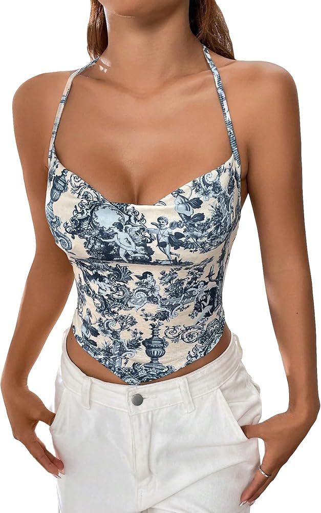 SOLY HUX Women's Floral Angle Print Bandana Y2K Crop Tops Cowl Neck Sleeveless Halter Cami Tops | Amazon (US)