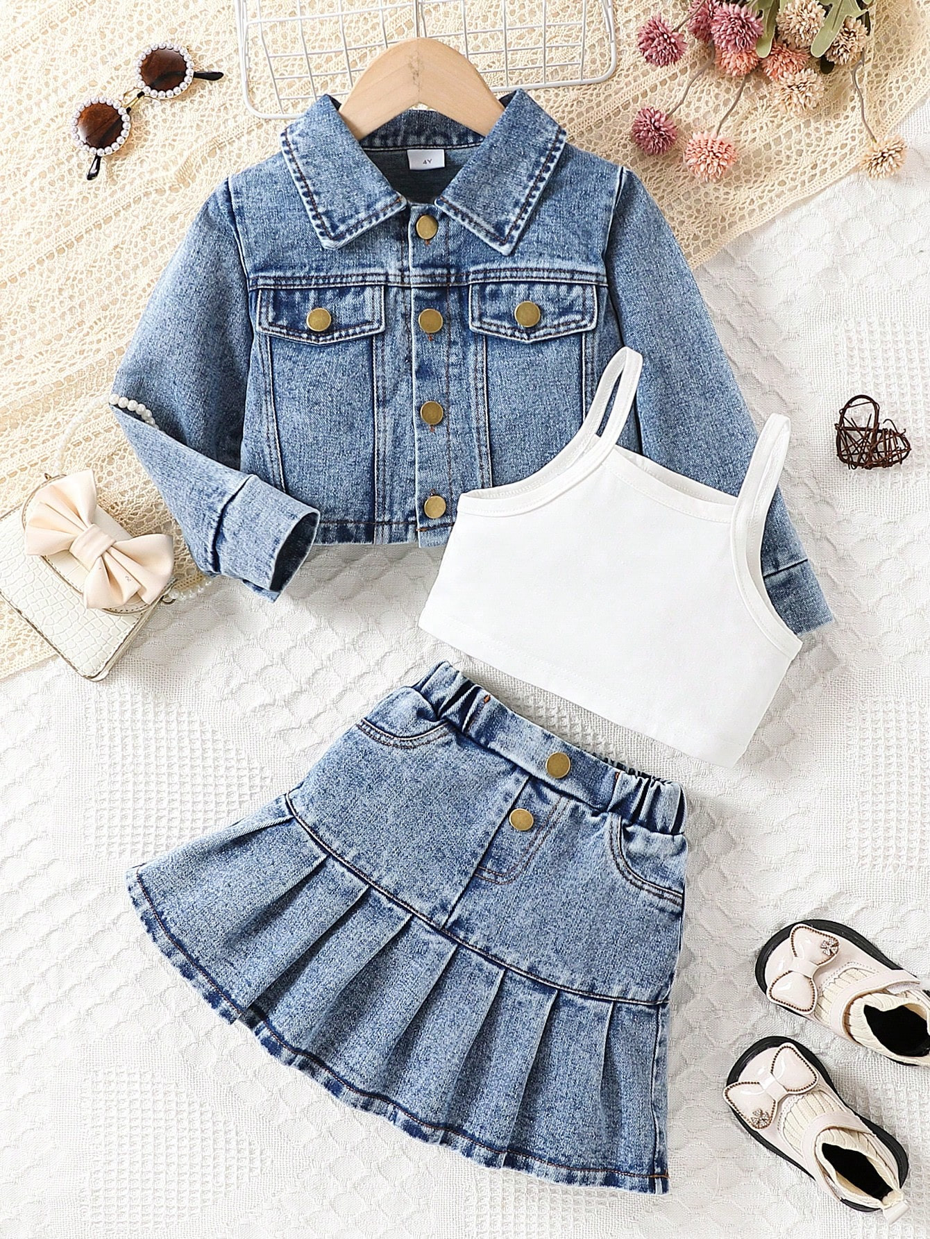3pcs/Set 4-7Y Girls Fashionable Denim Jacket Outfit, Including Long Sleeve Denim Jacket, Skirt, A... | SHEIN