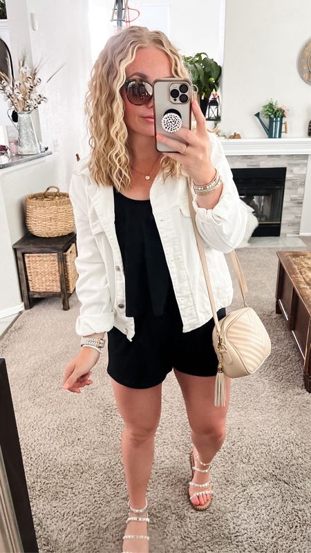 Black romper outfit for summer with a white denim jacket, crossbody bag, and Steve Madden studded sandals 


// Summer outfits 2024,  petite Amazon fashion, casual mom outfit ideas, summer outfit amazon, Amazon outfit ideas, casual outfit ideas, spring outfit inspo, casual fashion, amazon summer fashion, amazon casual outfit, cute casual outfit, outfit inspo, outfits amazon, outfit ideas, amazon shoes, Amazon bag, purse, size 4-6, casual summer outfits, casual outfit ideas everyday, summer tops, summer fashion, summer bag #summeroutfits  

#LTKFindsUnder50 #LTKItBag #LTKStyleTip