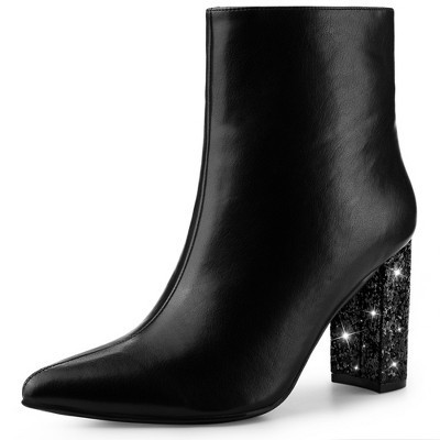 Perphy Women's Fashion Pointy Toe Zipper Sparkly Glitter Chunky Heels Ankle Booties 6 Black | Target
