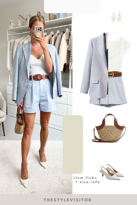 Office outfit wearing shorts or this could also work for a classic city look. Linked some sandals as well. Shorts are tts, wearing 32, also available in white. Blazer is on sale! A few sizes left. Top is v similar as linked.

Work outfit, summer work outfit, bermuda shorts, sweetheart necklined top, blue blazer, blue shorts, baby blue

#LTKstyletip #LTKSeasonal #LTKworkwear