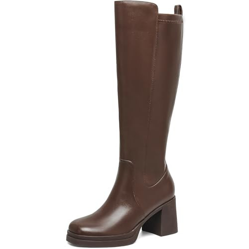 TEAIEUI Women's Brown Boots Platform Chunky Heel Square Toe Tall Boot for Women High Heeled Side Zipper Brown Heel Boots Brown 9.5 | Amazon (US)