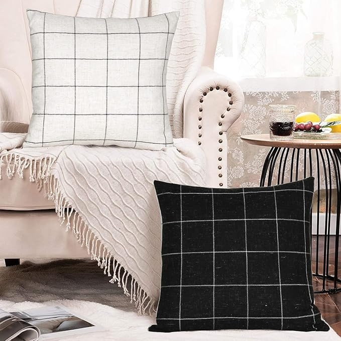 Basic Model Set of 2 Plaid Throw Pillow Covers Two-Sided Modern Farmhouse Decorative Square Linen... | Amazon (US)