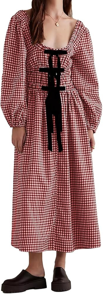 Women Plaid Maxi Dress Long Puff Sleeve Square Neck Flowy Boho Dress Bow Tie Smocked Fall Dresses | Amazon (US)