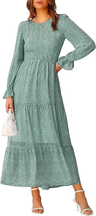 BTFBM Women Casual Long Sleeve Crew Neck Fall Dress Bohemian Relaxed Fit Floral Flowy Maxi Dresse... | Amazon (US)