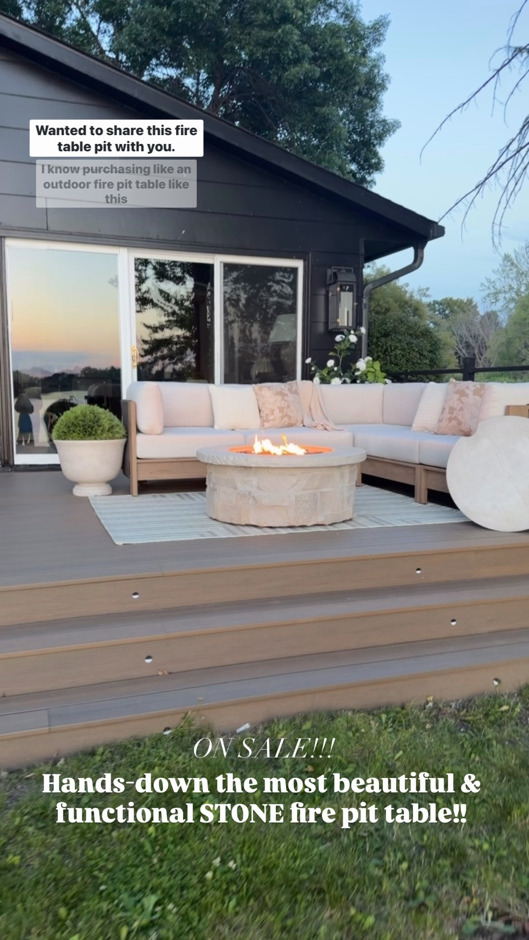 Dan and I highly recommend this!! 🔥 

Hands-down, the most beautiful and functional stone fire pit table!! all the fun benefits of a fire without the mess where the ashes, turns on and with a flick of a button!! 

Linking it here along with the side table that can cover up the propane tank!!￼