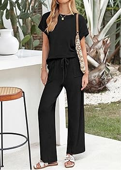 KIRUNDO 2 Piece Sets for Women Dressy Casual Ribbed Knit Short Sleeve Tops Wide Leg Pants Lounge ... | Amazon (US)