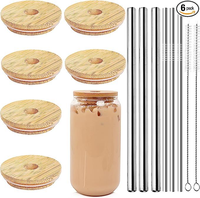 Bamboo Lids for Beer Can Glass, ANOTION Mason Jar Lids with Straw Hole, 6 Reusable Bamboo Mason J... | Amazon (US)