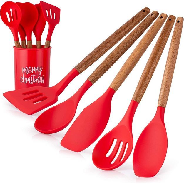 Zulay 5-Piece Christmas Spatula with Utensil Holder Silicone Spatula Set with Acacia Hardwood Han... | Target