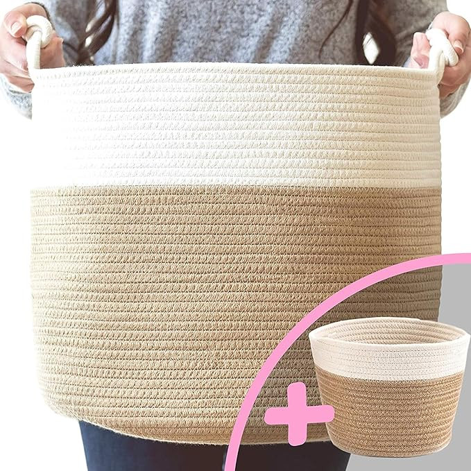 Little Hippo 2pc Large Cotton Rope Basket (15"x14") 100% Natural Cotton! Rope Basket, Woven Stora... | Amazon (US)