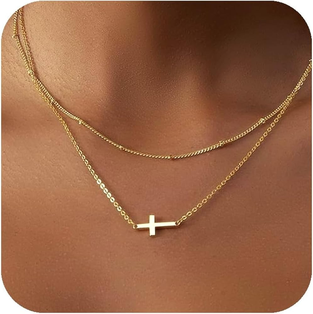 Cross Necklace for Women, 14K Gold Plated Layered Dainty Small Pendant Choker Cross Necklace, Tre... | Amazon (US)