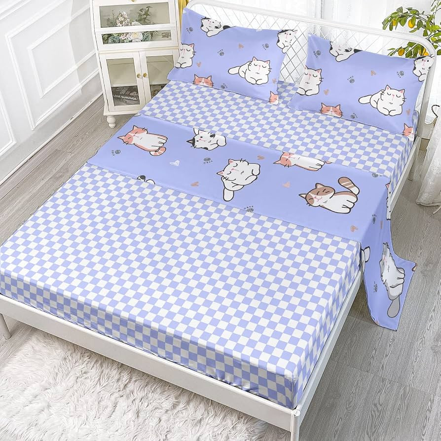 Datura home Purple Kawaii Cat Sheet Set 4Pcs Lovely Kitten Purple Print Cute Animal Printed Sheet... | Amazon (US)