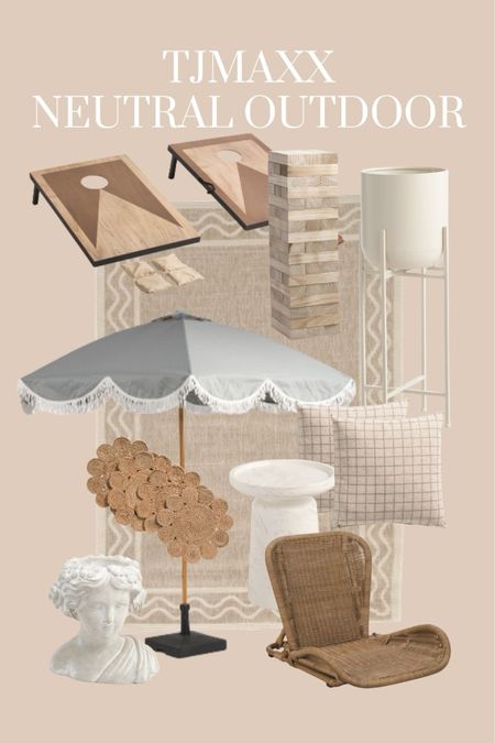 Neutral outdoor home finds from TJMaxx. Outdoor furniture and decor. Outdoor rug. Outdoor dining. Planter. Scalloped Patio umbrella. 

#LTKSeasonal #LTKhome