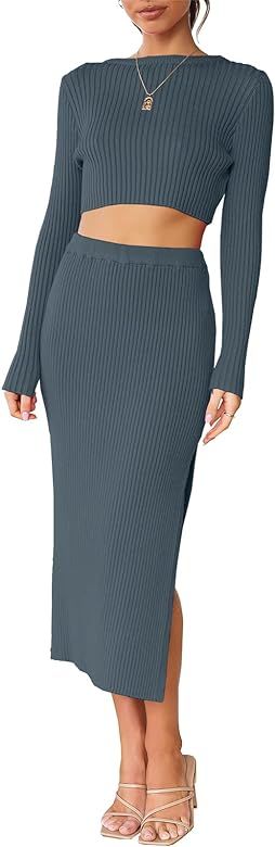 ANRABESS Women's 2 Piece Outfits Dress Fall Long Sleeve Casual Crop Sweater Top & Ribbed Knit Mid... | Amazon (US)