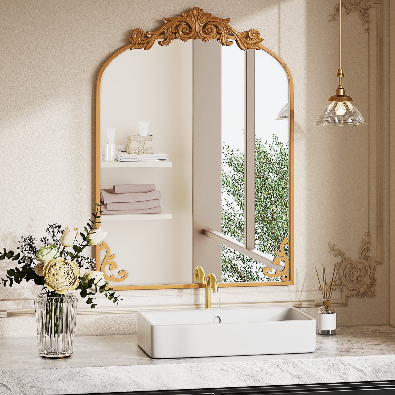 BEAUTYPEAK 41"x26" Metal Arch Bathroom Mirror with Baroque Flower Wall Mounted,Bronze - Walmart.c... | Walmart (US)