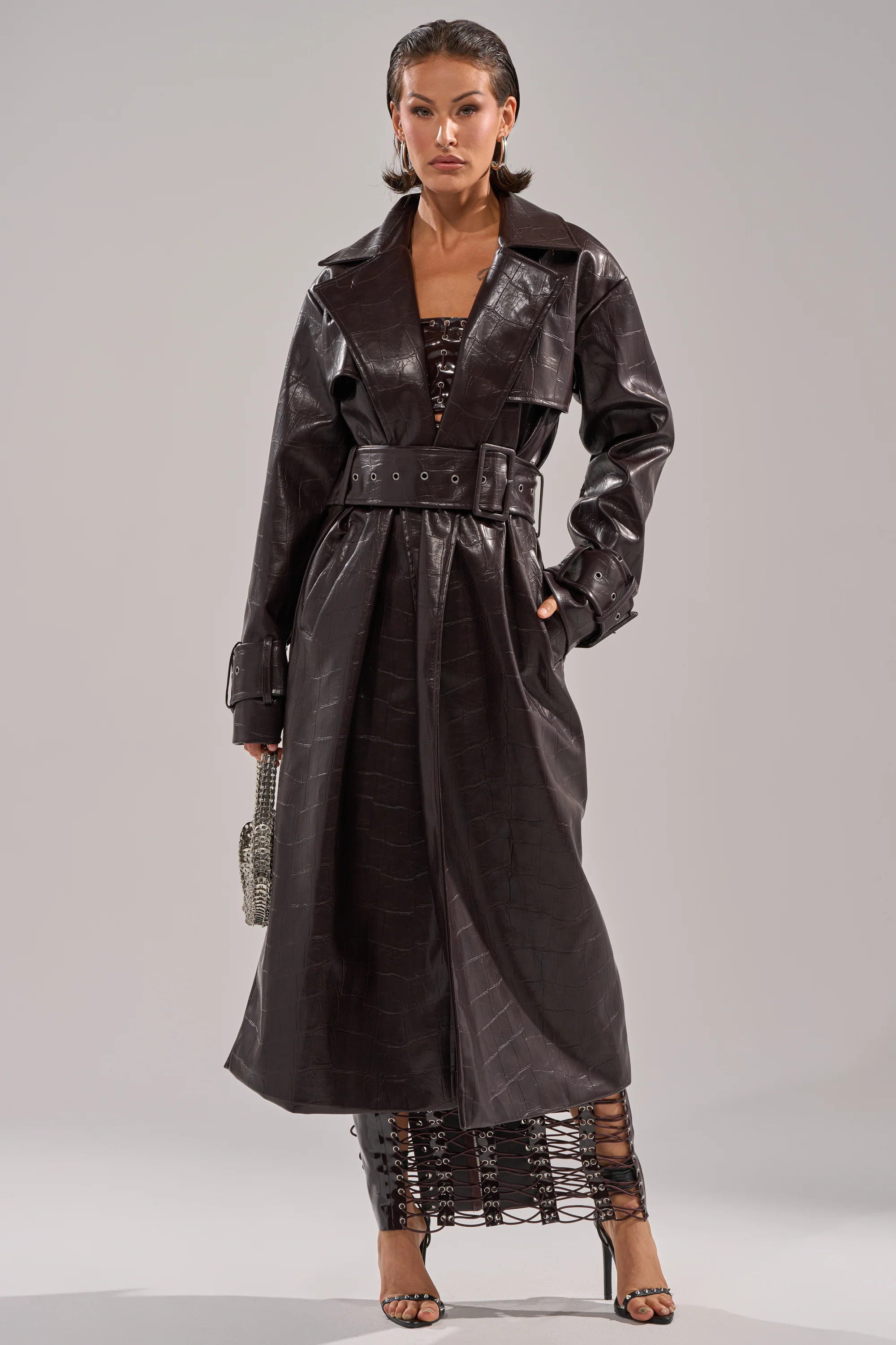 AKIRA Embossed Croc Trench Coat | Brown | Size 1X | AKIRA