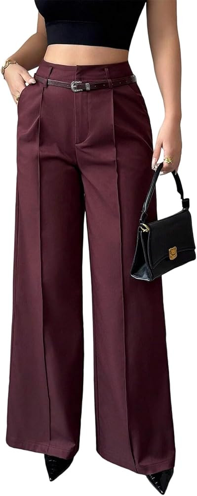 LETSVDO Women's Straight Leg Dress Pants High Waisted Belted Pleated Wide Leg Slacks Trousers(for... | Amazon (US)