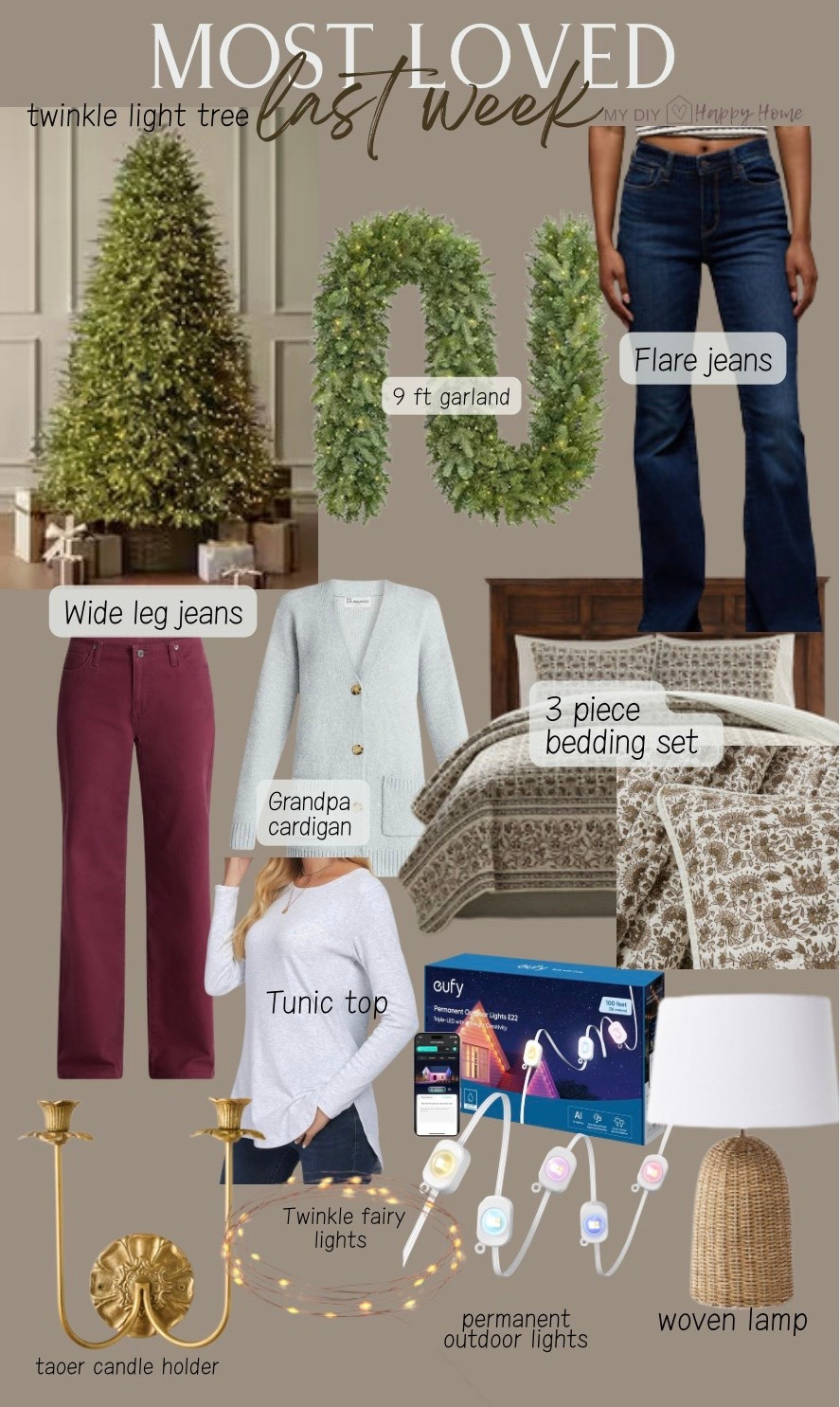 Last weeks most loved and best sellers:

•viral twinkle light Christmas tree
•prelit 9 ft garland
•flare leg jeans 
•maroon wide leg jeans 
•grandpa cardigan 
•block print quilt set 
•tunic top 
•Seagrass lamp with shade 
•permanent outdoor lights  
•fairy twinkle lights 
•taper candle holder 

#LTKSeasonal #LTKHoliday #LTKHome