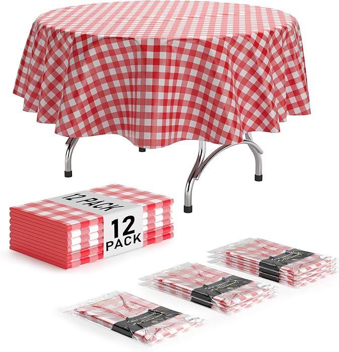 Exquisite 12 Pack Premium Round Plastic Checkered BBQ Tablecloth - Red & White Gingham Checkerboa... | Amazon (US)