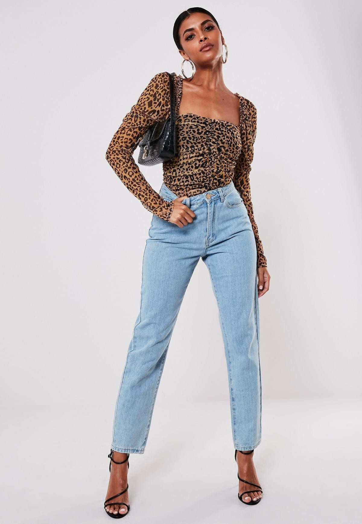 Brown Leopard Mesh Ruched Milkmaid Top | Missguided (US & CA)