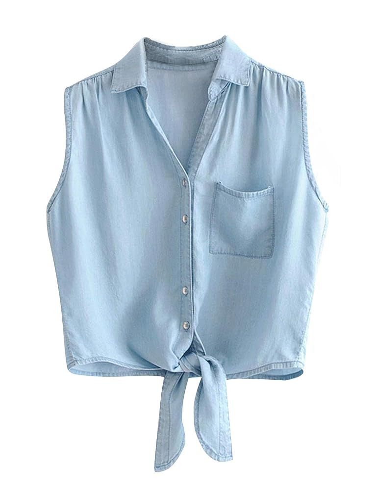 Omoone Women's 3/4 Sleeve Denim Crop Top Tie Knot Shirt Cardigan | Amazon (US)