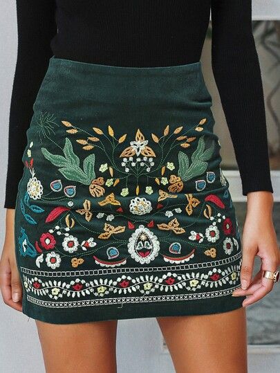 Simplee Floral Embroidered Zip Back Corduroy Skirt | SHEIN