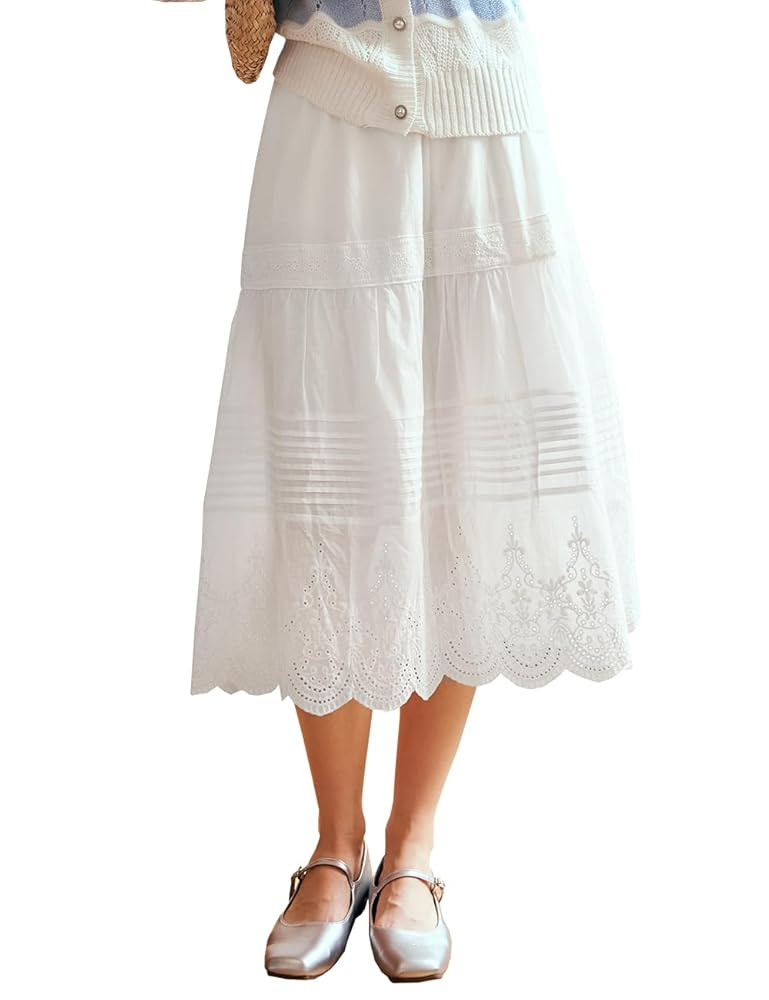 Women's White Cotton Bohemian Long Skirt, Elastic High Waist Eyelet Embroidered Lace Summer Beach... | Amazon (US)