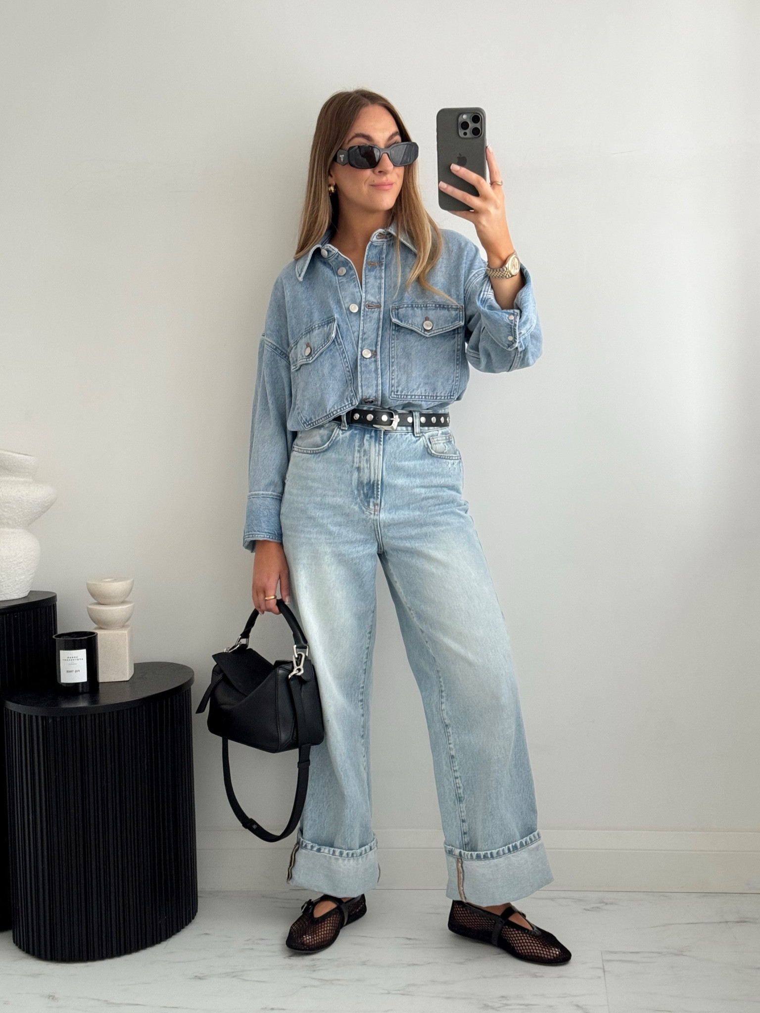 Double denim outfit with mesh ballet flats & studded belt. 

#LTKsale #LTKstyletip #LTKautumn