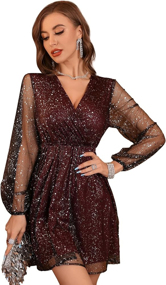 Floerns Women's Lantern Long Sleeve V Neck Mesh Cocktail Party Short Dress Without Belt | Amazon (US)
