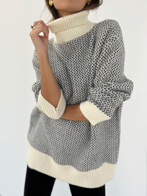 Two Tone Roll Neck Sweater | Black & Cream | Vita Grace