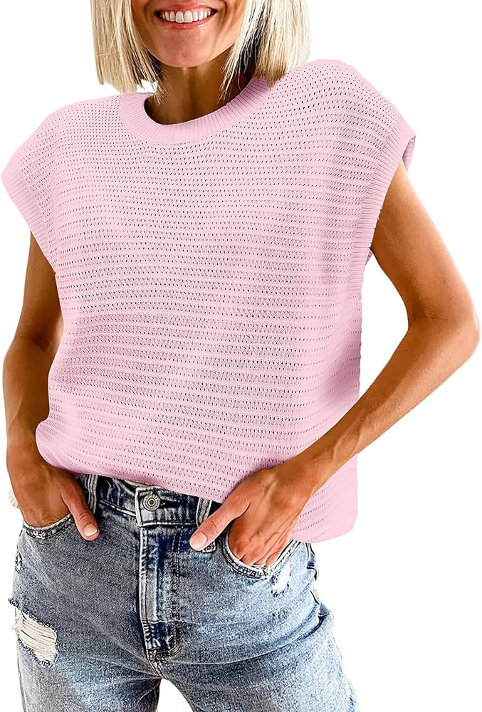 Zeagoo Women's Cap Sleeve Sweaters Vest Crew Neck Knit Sweater Tops 2025 Casual Summer Sleeveless... | Amazon (US)