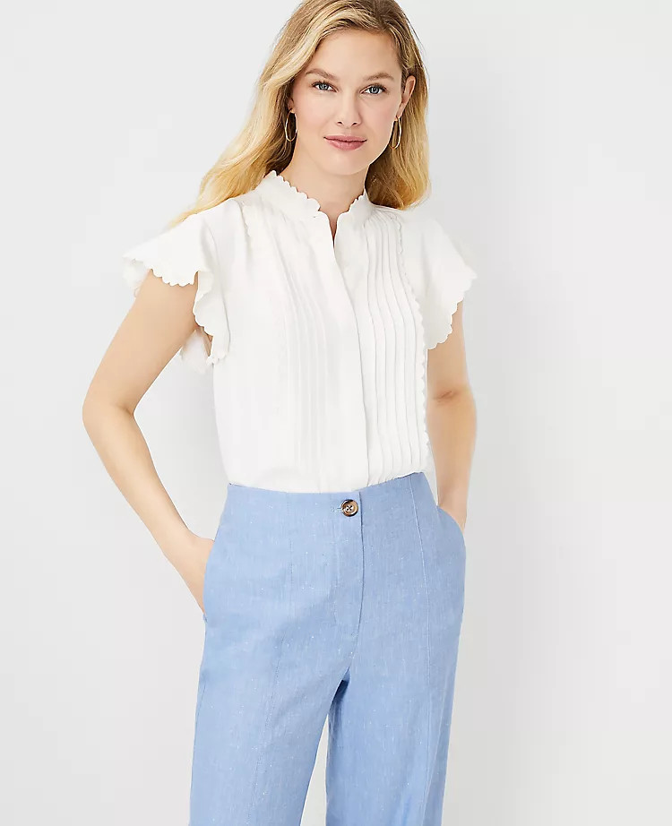 Scalloped Pintucked Flutter Sleeve Top | Ann Taylor | Ann Taylor (US)