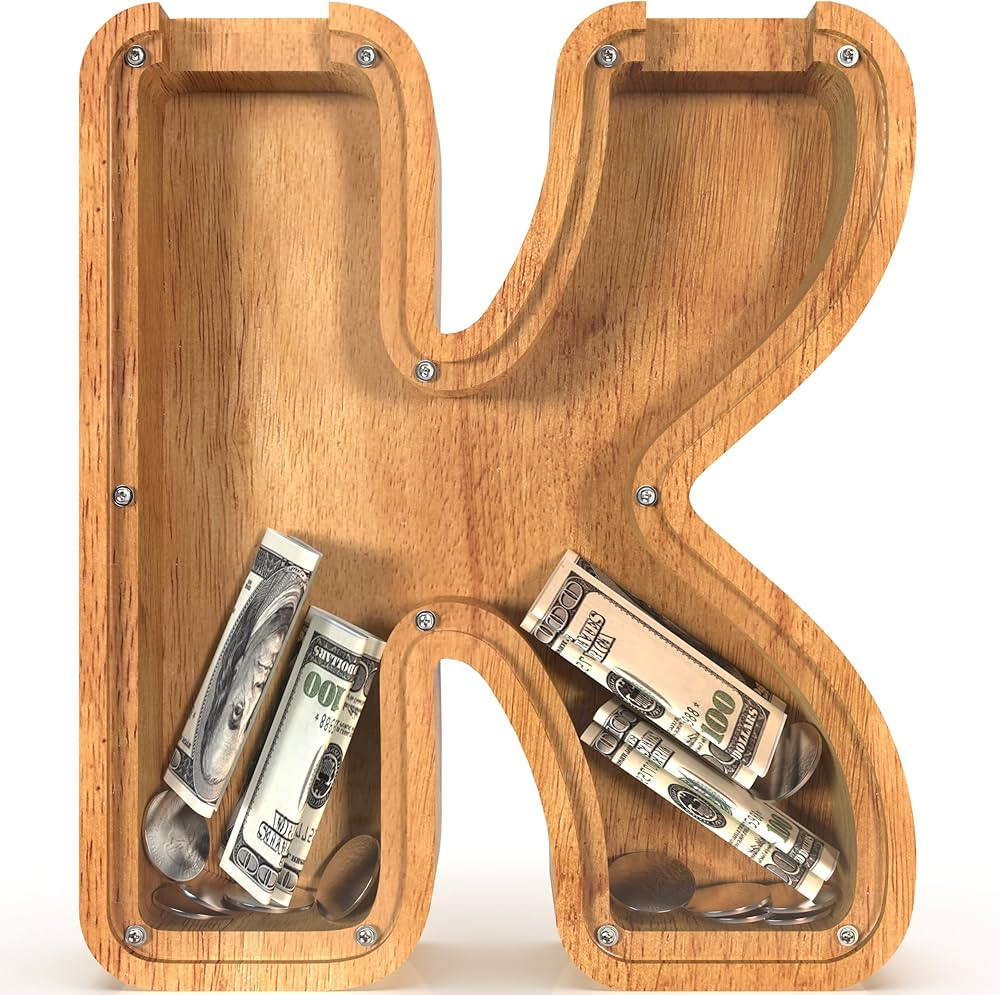 Piggy Bank for Kids Boys Girls, Large Personalized Wooden Letter Piggy Bank with Cut-Out Design, ... | Amazon (US)