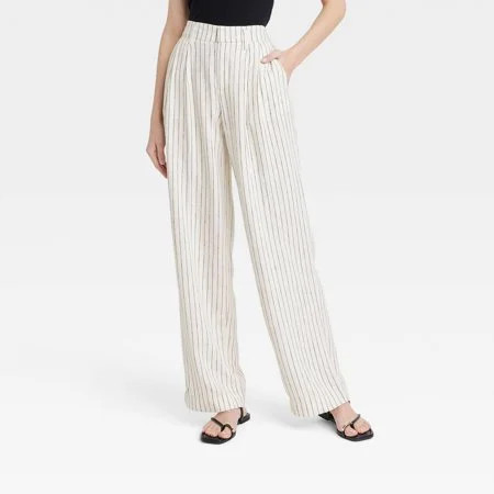 Women s High-Rise Linen Pleated Front Straight Pants - A New Day™ Cream/Black Pinstripe 16 | Walmart (US)