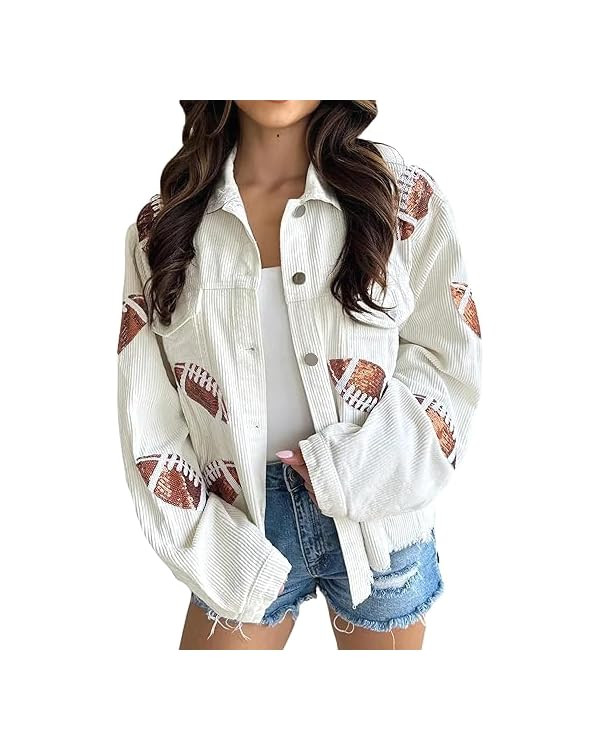 SeekMe Women Cropped Football Corduroy Jacket Sequin Rugby Patched Shacket | Amazon (US)