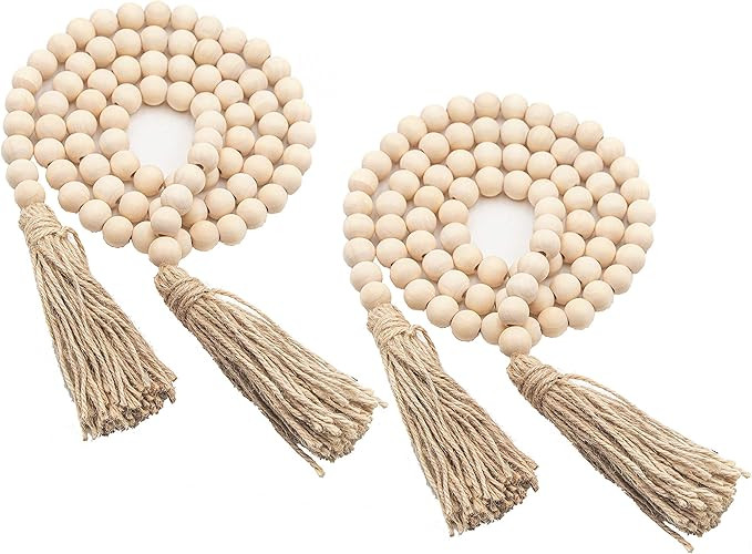 58In/pc Farmhouse Beads Wood Bead Garland Rustic Prayer Beads Boho Beads with Tassels Walling Han... | Amazon (US)