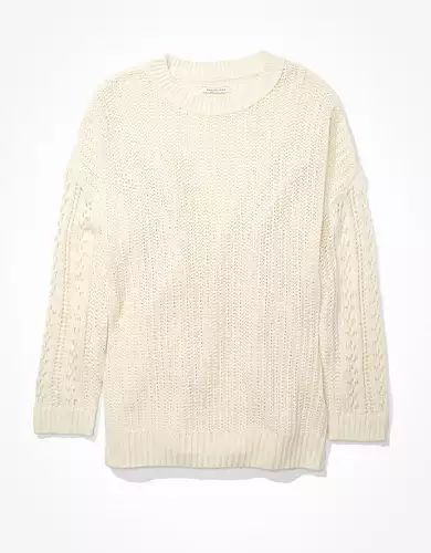 AE Oversized Pointelle Sleeve Crew Neck Sweater | American Eagle Outfitters (US & CA)