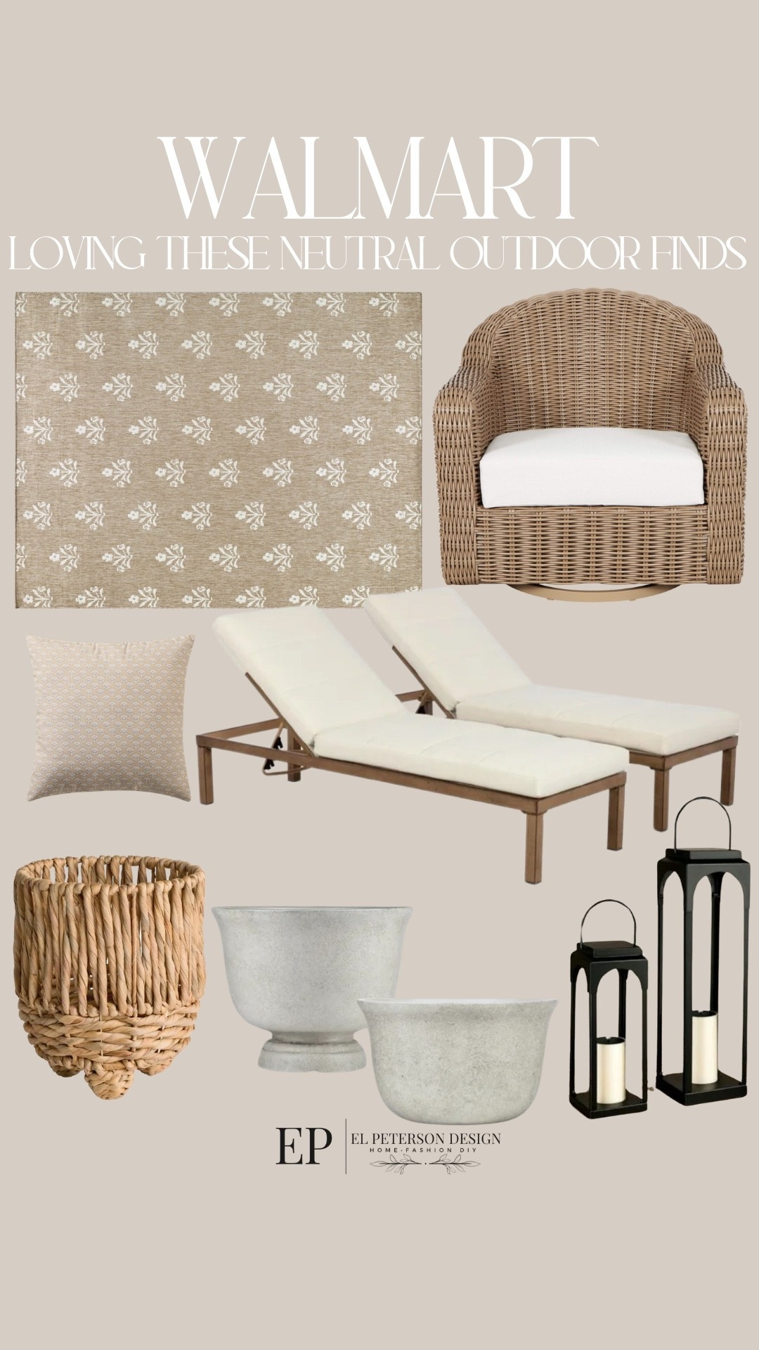 Walmart
Neutral outdoor finds
Outdoor swivel
Area rug
Planters
Lantern
Pillow
Outdoor lounger 

#LTKHome