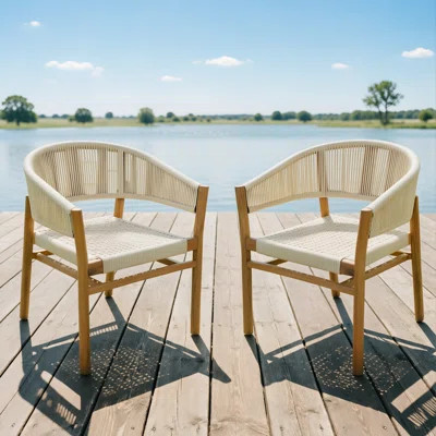 Outdoor Dining Chairs – Ergonomic Rope-Woven Patio Chairs With Solid Wood Frame, Teak Finish & Beige Cushions | Wayfair North America
