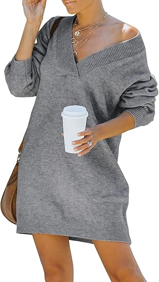 Fesier Long Sleeve Sweater Dress for Women Fall Causal V Neck Knit Mini Loose Fit Pullover Long S... | Amazon (US)