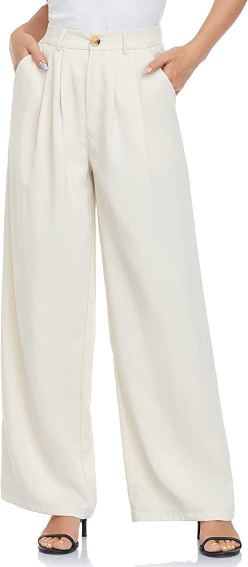 iChunhua Women Casual High Waist Wide Leg Pants Pleated Button Loose Palazzo Trousers for Work Offic | Amazon (US)