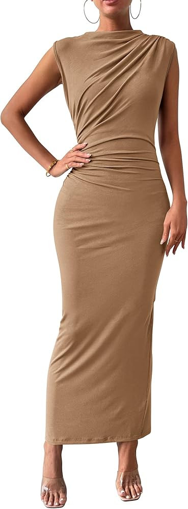 BTFBM Ruched Bodycon Dress Back Slit Maxi Dresses | Amazon (US)