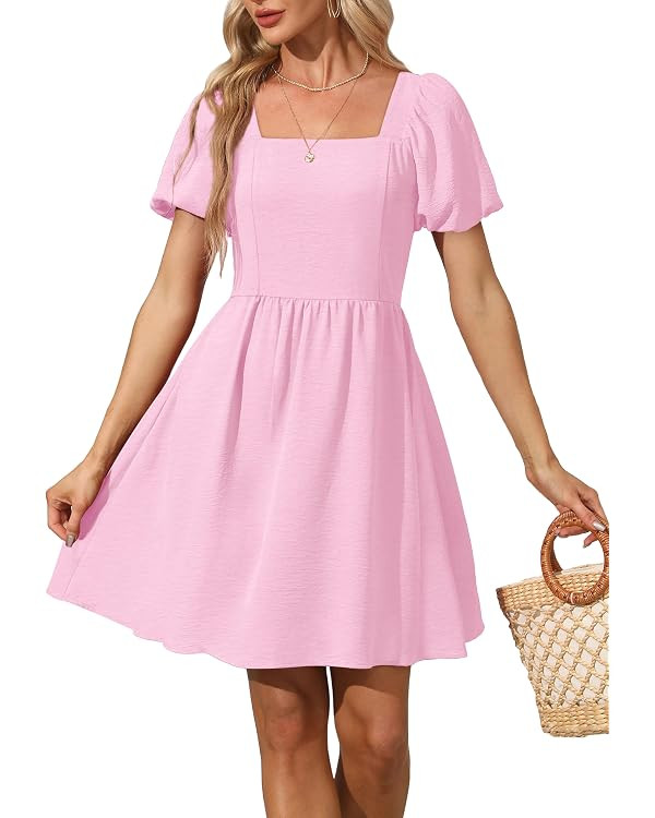 OFEEFAN Women Puff Sleeve Square Neck Tie in Back Dresses with Zipper | Amazon (US)