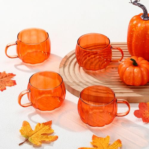Didaey 4 Pcs Thanksgiving Pumpkin Glass Mugs Fall Orange Glass Pumpkin Cups with Handle Heat Resistant Coffee Tea Milk Clear Drinking Cups for Gift Home Office | Amazon (US)